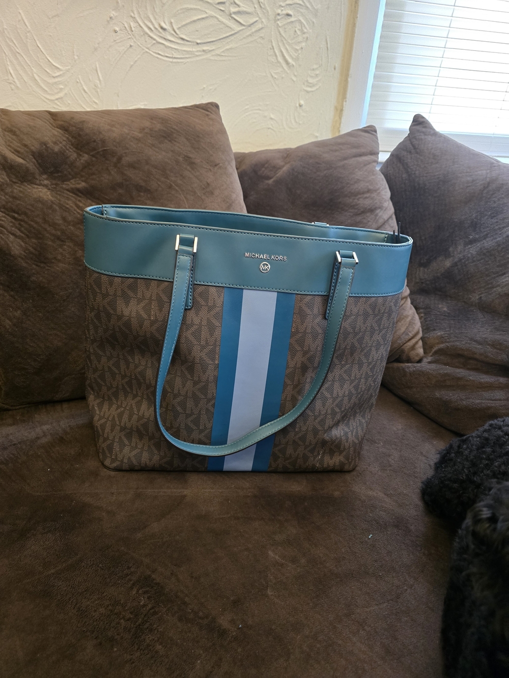 Michael Kors Brown Signature Tote with Teal Trim and Blue Stripe